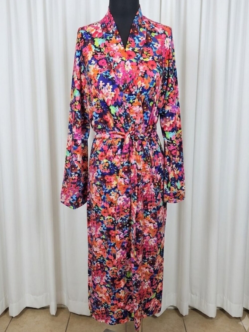 Masongrey long-sleeved robe with a vibrant, multi-colored abstract floral print.